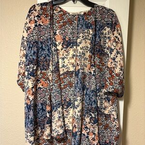 Liberty Love Blue and Orange Floral Open-Front Kimono cardigan